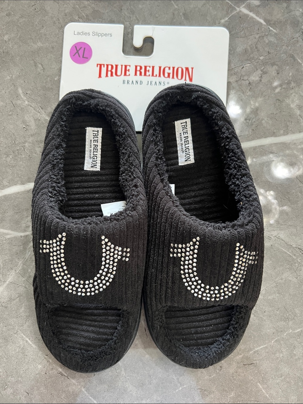 True Religion Woman’s Black Slip-On Slippers with Rhinestone Logo